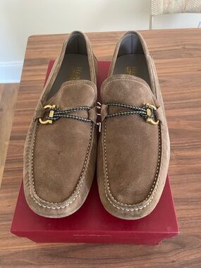Salvatore Ferragamo Brown Suede Bit Loafers with Gold Hardware